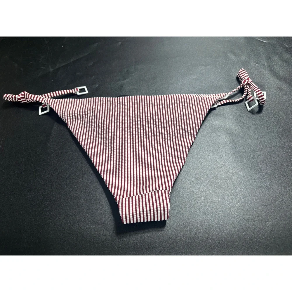 Onia Kate Bikini Bottom XS Pomegranate White Seersucker Stripe Side Tie LowRise